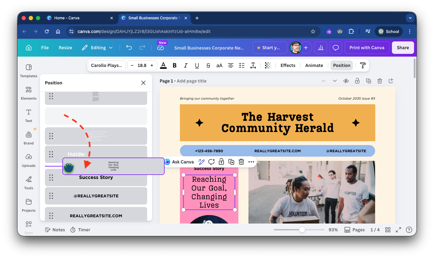 The Canva window showing a layer being dragged to a new position, with a dotted red arrow showing how the layer is being moved.